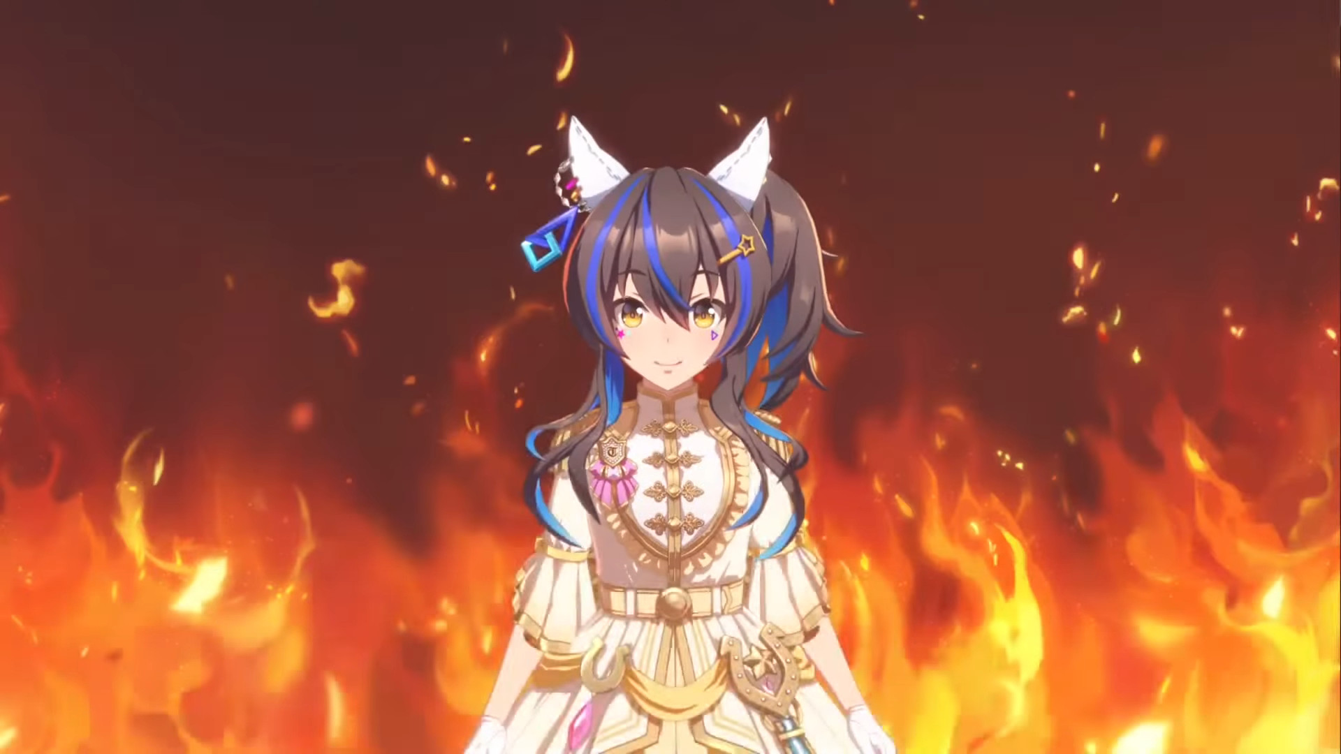 Image of Daitaku Helios from Uma Musume: Pretty Derby, surrounded by a backdrop of flames that is charitably described as hell.